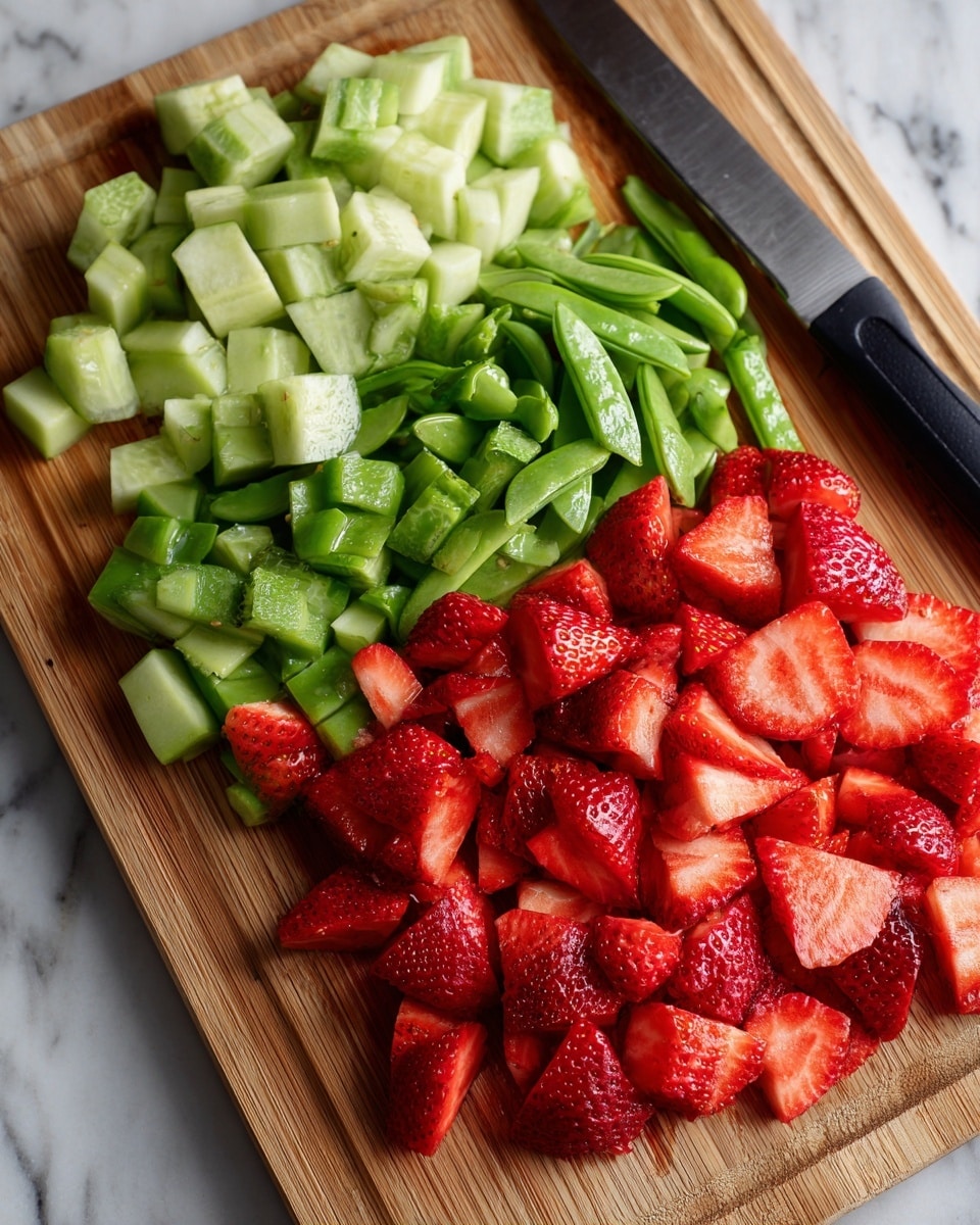 The image shows a wooden cutting board with three layers of sliced fresh vegetables and fruit arranged side by side. On the left are light green, roughly chopped cucumber pieces with a soft, watery texture. In the middle, there is a layer of green sugar snap peas with a smooth, shiny surface and some small seeds visible inside. On the right, bright red strawberries are sliced and fanned out in neat rows, showing their juicy, textured interior. A knife with a black handle is placed on the right edge of the board. The surface under the cutting board is a white marbled texture. photo taken with an iphone --ar 4:5 --v 7