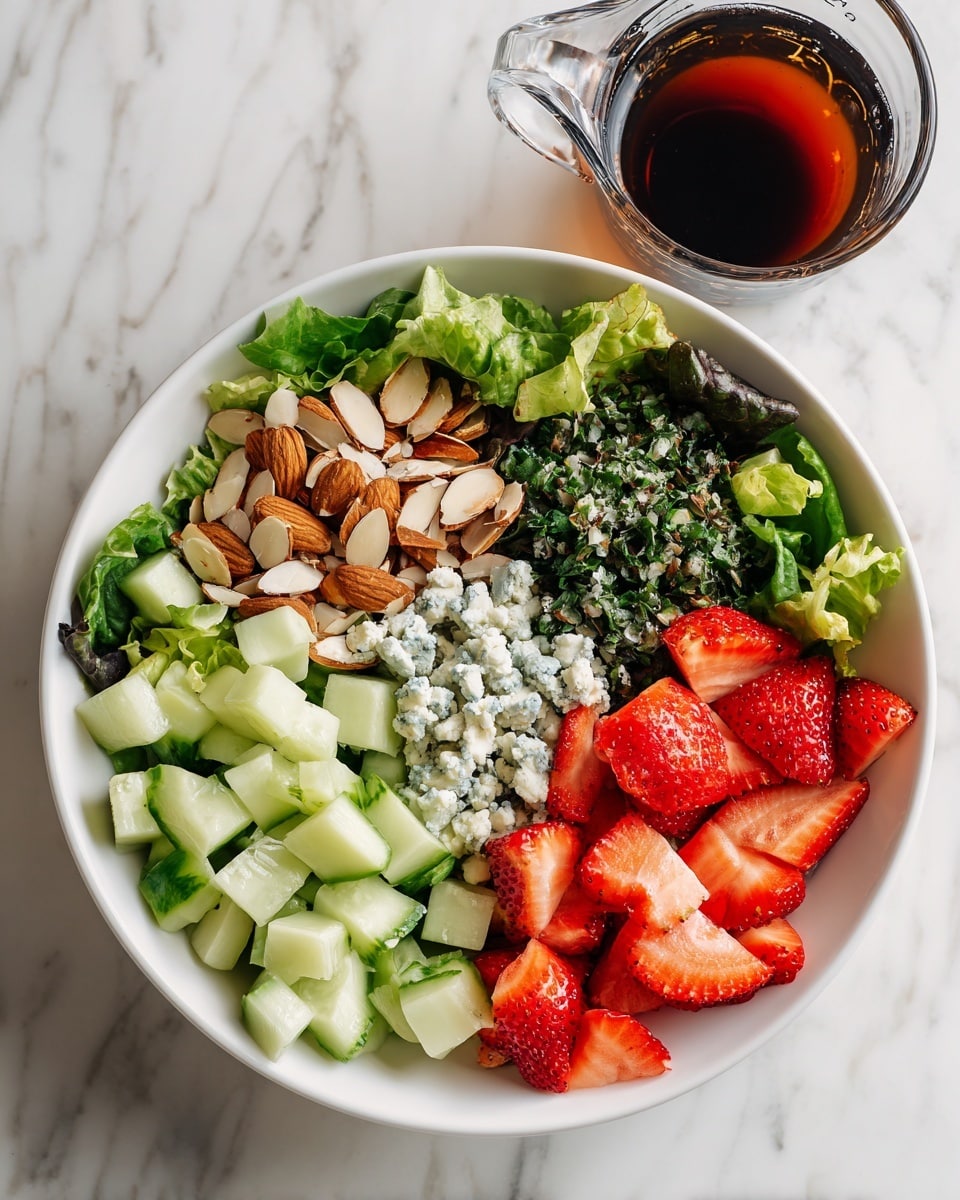 A white bowl on a white marbled surface holds a colorful salad arranged in separate sections. The salad has five main layers: dark green leafy lettuce at the back, a pile of sliced light brown almonds on the left, finely chopped dark green herbs to the right of the almonds, chopped light green cucumbers at the front left, and bright red sliced strawberries at the front right. Blue cheese crumbles in light blue and white are sprinkled between the cucumbers and almonds. To the top right of the bowl, a clear measuring cup with a dark brown liquid sits on the white marbled surface. photo taken with an iphone --ar 4:5 --v 7