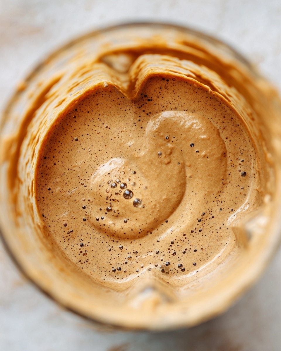 The image shows a close-up view inside a blender with a thick, creamy sauce or batter. The mixture is light brown with small dark specks scattered throughout, and a few bubbles are visible on the surface, showing some froth. The inside of the blender jar has streaks of the mixture clinging to the sides. The whole scene is set against a white marbled texture background. photo taken with an iphone --ar 4:5 --v 7