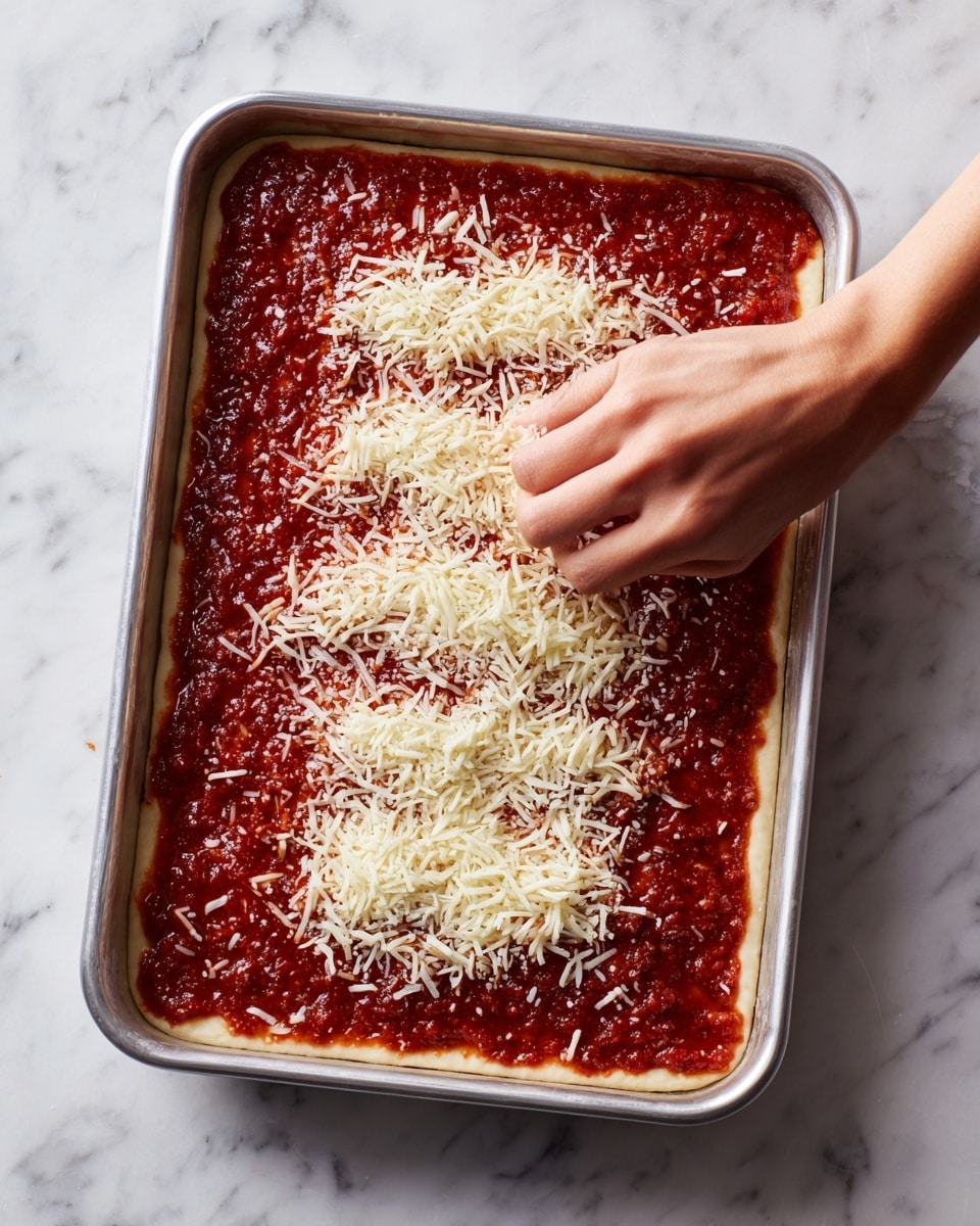 A rectangular silver pan holds one layer of dough that covers the bottom, topped with a thick, rich red sauce spread evenly. A woman's hand is sprinkling white shredded cheese over the sauce, adding a soft, stringy texture on top. The pan is placed on a white marbled surface. photo taken with an iphone --ar 4:5 --v 7