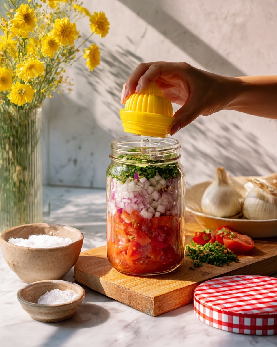 A woman's hand is holding a yellow citrus squeezer above a clear glass jar filled with chopped tomatoes at the bottom, a layer of chopped white onions in the middle, and chopped green herbs on top. The jar is on a wooden cutting board with a red and white checkered lid resting beside it. There is a small bowl with white salt to the left and a yellow flower vase with green stems in the background on a white marbled surface. The scene is bright with natural light coming from the left. photo taken with an iphone --ar 4:5 --v 7