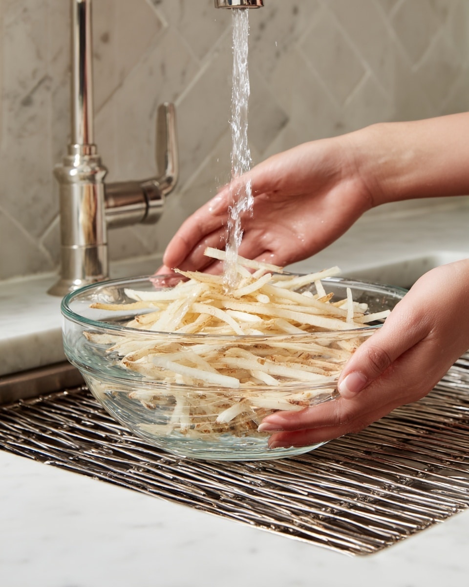 A close-up of thin, light golden fries held above a yellow pot filled with bubbling hot oil by a metal frying basket. The fries are long and slightly uneven in color with some dark edges. The pot is on a white marbled surface with blurred bright yellow flowers in the background. A woman's hand is holding the metal basket handle from the right side. The warm sunlight creates shiny reflections on the oil surface and fries. Photo taken with an iphone --ar 4:5 --v 7