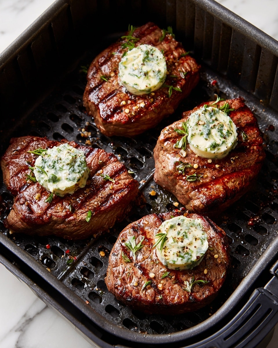 A white speckled ceramic plate holds two pieces of medium-rare steak, each topped with a round dollop of white herb butter sprinkled with green herbs and black pepper. One steak is sliced into five thick pieces showing a gradient of pink to brown, with visible grill marks and some green herb bits scattered on top. The plate sits on a white marbled surface. photo taken with an iphone --ar 4:5 --v 7