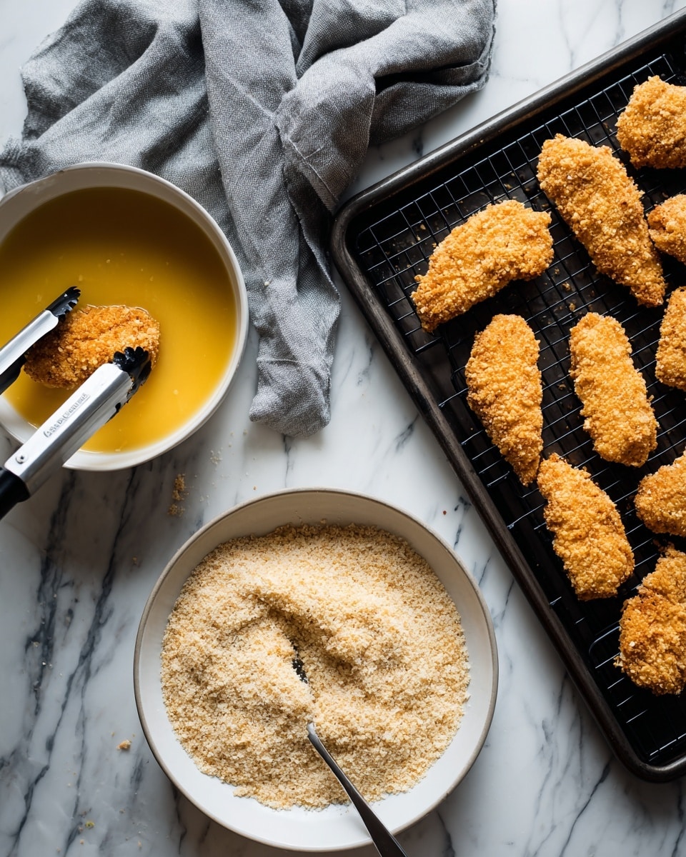 The image shows a food preparation scene with several pieces of breaded chicken tenders arranged on a black wire rack placed over a dark baking tray on a white marbled surface. On the left, there are two white plates: the top plate contains a yellow egg wash mixture with one piece of chicken being dipped, held by a pair of black and silver tongs, and the bottom plate is filled with light beige breadcrumbs with some pieces being coated. A gray cloth towel is casually placed above the baking tray. The chicken tenders have a rough, crumb-covered texture and varying shapes and sizes, creating a layered setup from egg wash to breadcrumb coating to resting on the rack photo taken with an iphone --ar 4:5 --v 7