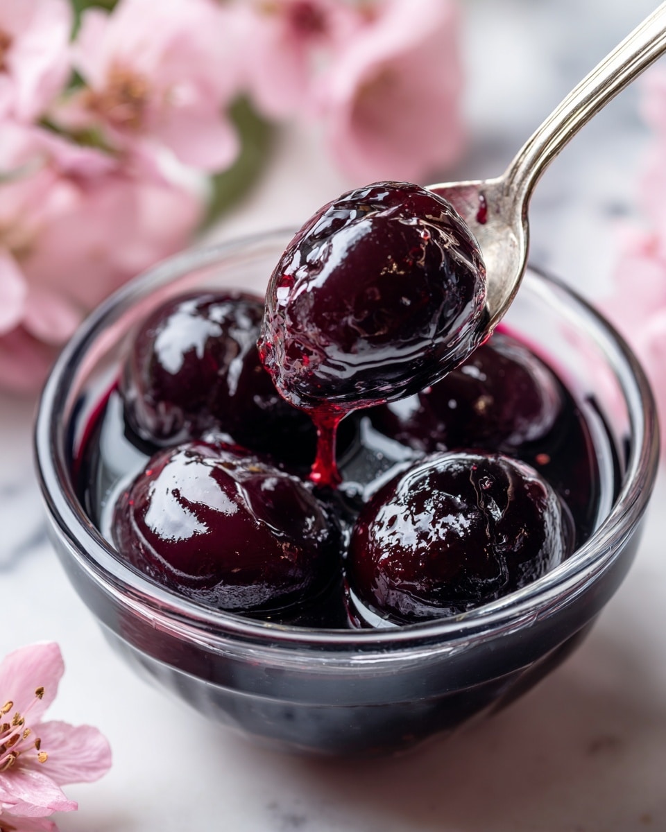 A close-up image showing dark brown glossy cherries soaked in syrup inside a clear glass bowl. A silver spoon lifts two large cherries, both shiny and wet with the thick syrup, highlighting their smooth texture. The background is softly blurred with pale pink flowers, and the scene is set on a white marbled surface. The overall look is rich and inviting, with deep dark red tones and light reflections on the syrup. Photo taken with an iphone --ar 4:5 --v 7