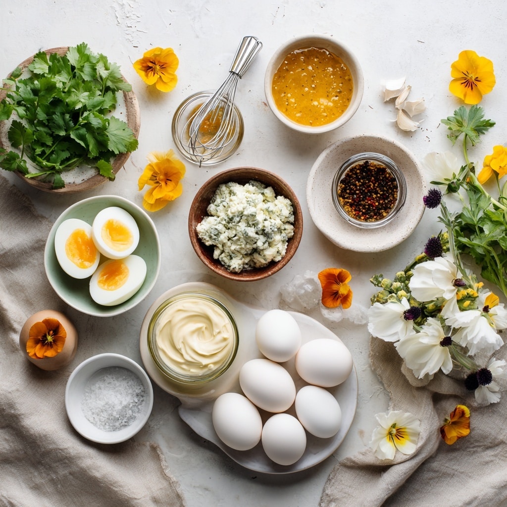 The image shows four steps of making deviled eggs. The first step (top left) shows yellow egg yolks being pressed through a silver mesh strainer with a spoon over a dark surface. The second step (top right) shows a creamy yellow yolk mixture with black pepper sprinkled on top inside a silver bowl, with a spoon resting in it. The third step (bottom left) shows a woman's hand using a white piping bag to fill halved boiled eggs with creamy yolk mixture, placed on a white marbled surface. The last step (bottom right) shows a woman's hand placing small purple and white edible flowers and a green herb leaf on top of the creamy yolk filling in a white halved boiled egg, also on a white marbled surface. photo taken with an iphone --ar 4:5 --v 7
