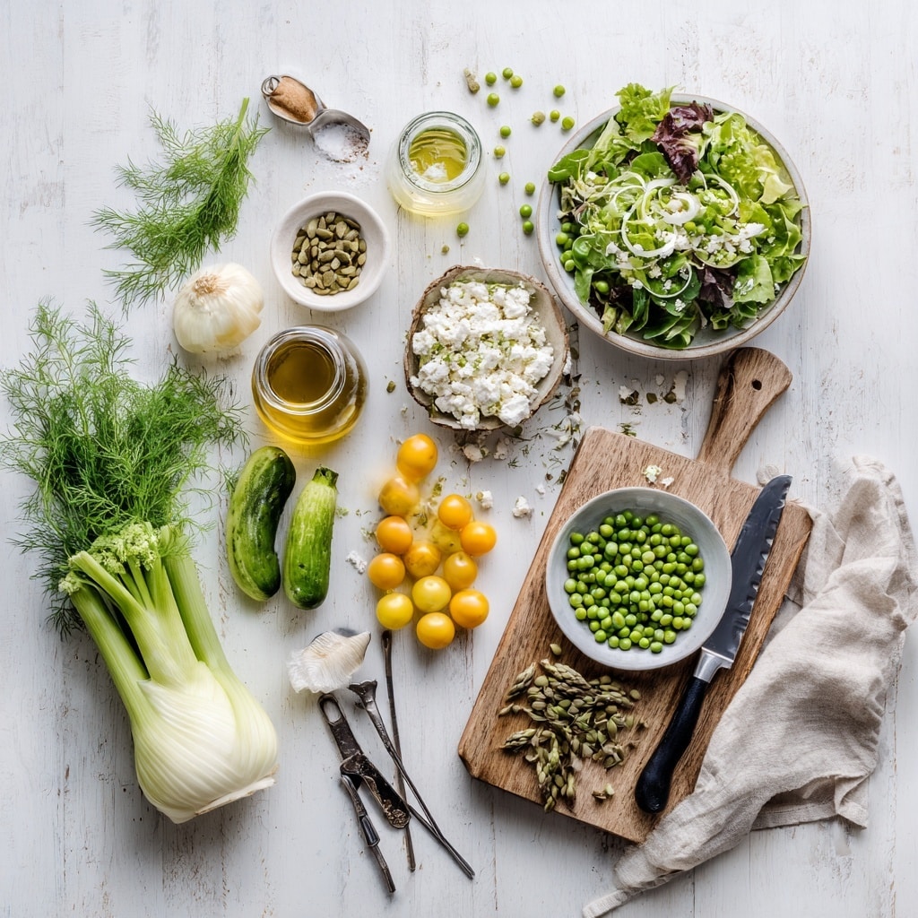 The image shows four steps of preparing vegetables for cooking. In the first part, thick green cucumber slices and small yellow cherry tomato halves are placed on a wooden board with a knife nearby. The second part shows thin, curly slices of light green fennel on the wooden board next to a knife. The third part has several bunches of green asparagus with purple tips laid out on the wooden board with a knife. The fourth part shows asparagus pieces being cooked in a black pan with a black spatula stirring them on a white marbled surface. photo taken with an iphone --ar 4:5 --v 7