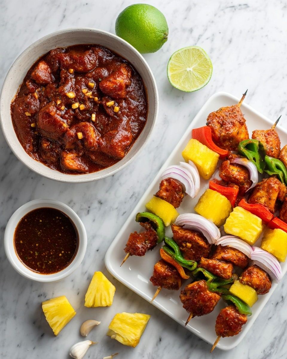 The image shows two parts: on the left, there is a white bowl filled with raw chicken pieces covered in a dark red sauce with small bits of garlic or spices visible, placed on a white marbled surface with a lime and other ingredients nearby. On the right, there is a white tray holding five skewers arranged in two rows, each skewer layered with red tomato halves, white onion slices, yellow pineapple chunks, green bell pepper pieces, and marinated chicken pieces in a brown sauce. A whole lime and a small white bowl filled with a dark sauce sit on the tray, and some pineapple chunks are scattered around. Photo taken with an iphone --ar 4:5 --v 7