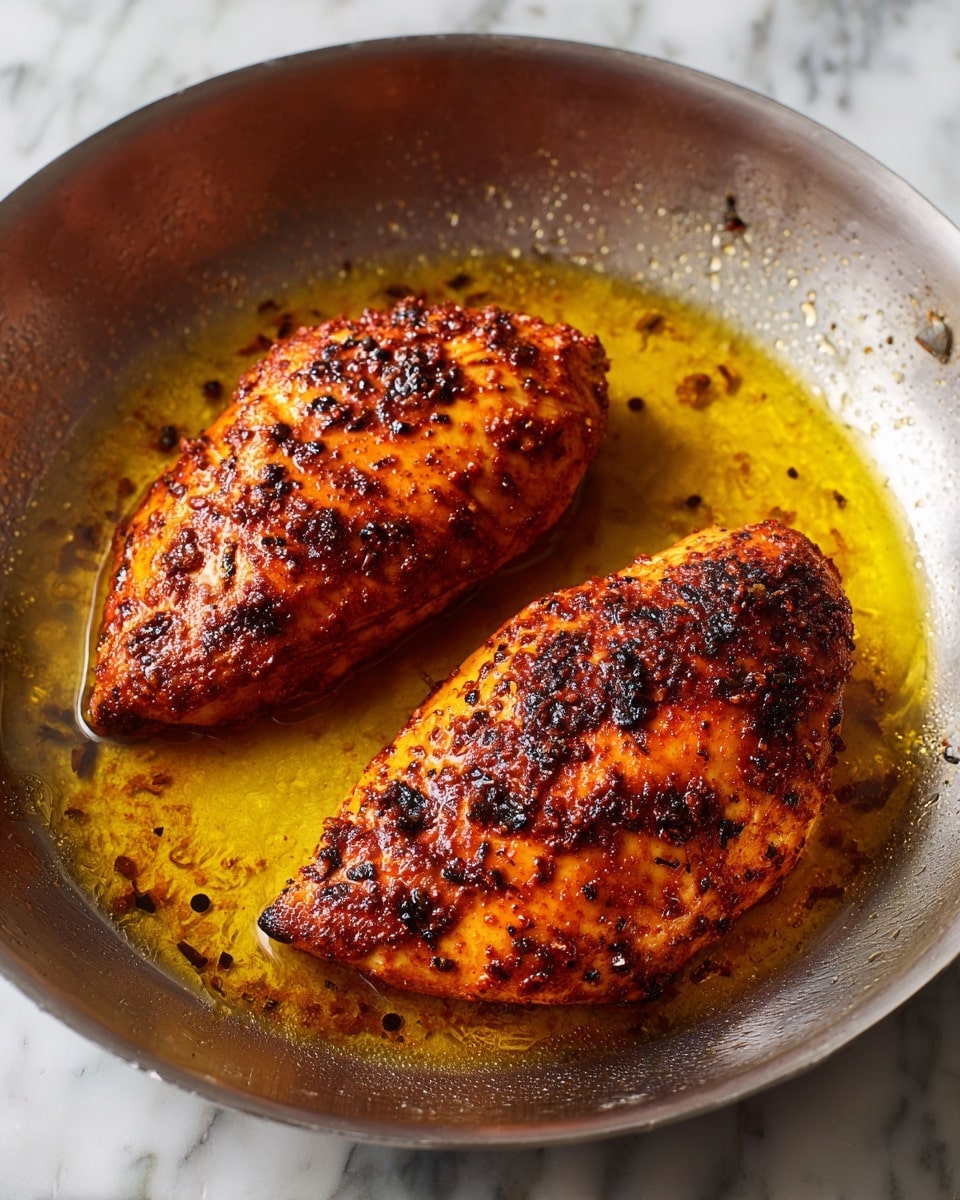In a large silver pan filled with shimmering golden oil, two pieces of cooked chicken sit side by side. Each piece has a deep reddish-brown crust with black specks that show it is cooked well with spices. The chicken pieces are smooth with some light grill marks and a slight shine from the oil. The pan's surface has a glossy and oily texture around the chicken, creating a warm contrast. The background is a white marbled surface. photo taken with an iphone --ar 4:5 --v 7