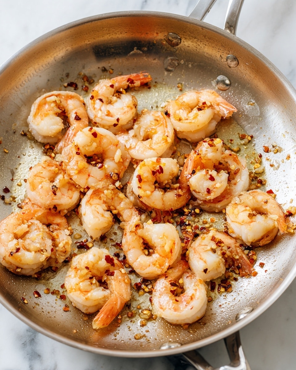 A shiny stainless steel pan filled with cooked shrimp scattered all over the pan. Each shrimp is curled with a light pink and white color, sprinkled with small pieces of browned garlic and red pepper flakes giving a slightly spicy look. The pan rim shows slight browning and oil residue from cooking, and small browned bits are stuck to the pan surface, highlighting the cooking texture. The pan rests on a white marbled surface. Photo taken with an iphone --ar 4:5 --v 7