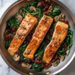 Pan-Seared Salmon with Spinach, Sun-Dried Tomatoes, and Artichokes Recipe
