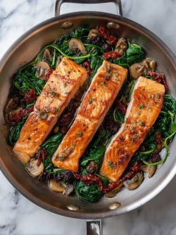 Pan-Seared Salmon with Spinach, Sun-Dried Tomatoes, and Artichokes Recipe