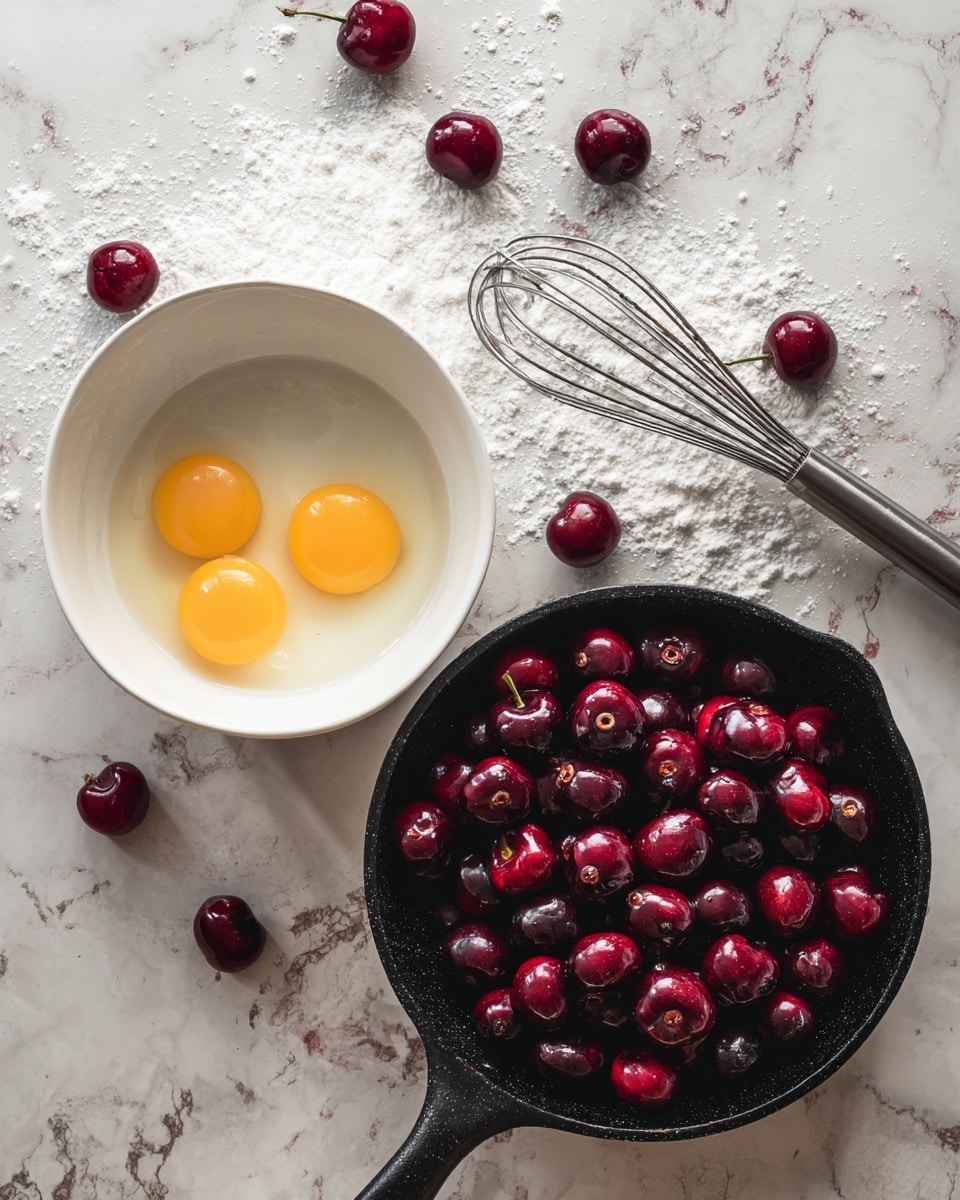 The image shows two side-by-side scenes on a white marbled surface scattered with dark red cherries. On the left, there is a white bowl containing two raw egg yolks and whites above a layer of white sugar, with a whisk resting inside. On the right, a black cast iron skillet filled with dark red cherries is shown, some cherries have small holes as if their pits were removed. The rustic wooden texture beneath the white marbled surface is mostly hidden by cherries around the edges. photo taken with an iphone --ar 4:5 --v 7