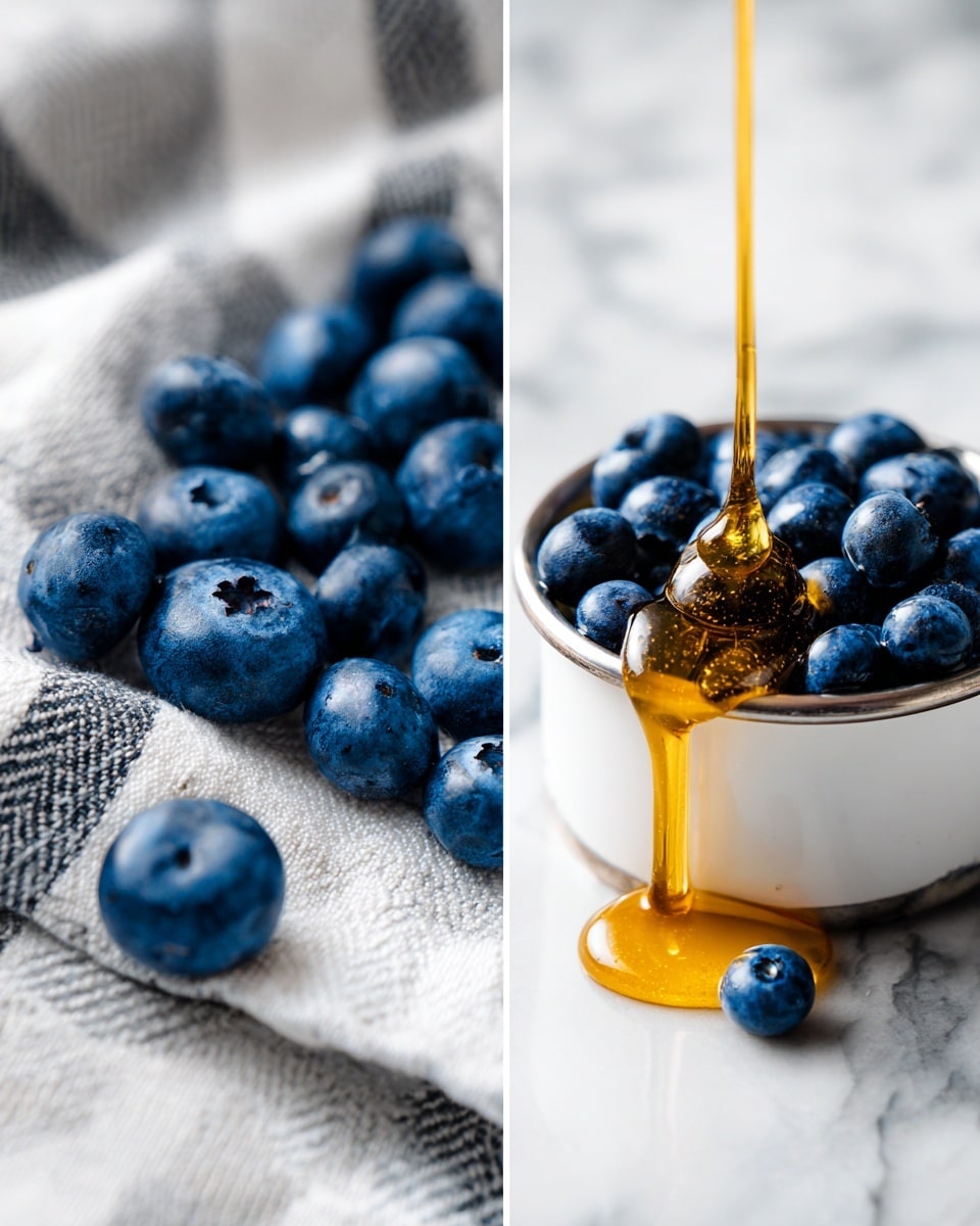 The image shows a split view with two parts side by side. On the left side, there are several fresh blueberries scattered on a white and gray striped cloth, with one blueberry in clear focus at the front. On the right side, a white metal cup filled with blueberries is seen from above, with golden honey being poured into the cup from above. The background for both parts is a white marbled texture. photo taken with an iphone --ar 4:5 --v 7