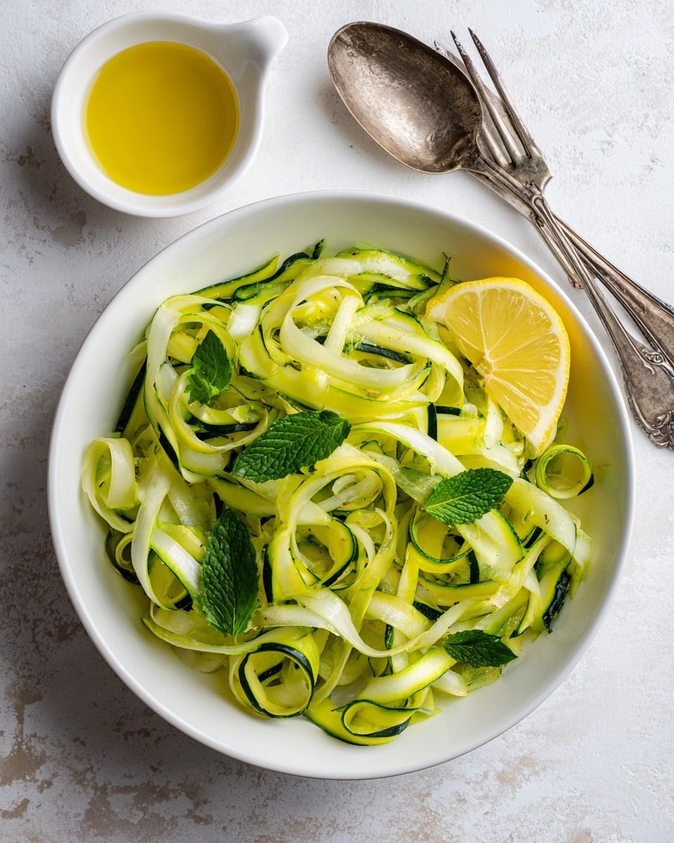The image shows a white bowl filled with a fresh salad on a white marbled surface. The salad has thin, curved slices of green zucchini that look soft and slightly shiny. White crumbly cheese is spread evenly over the zucchini, giving a textured contrast. Small bright green mint leaves are mixed throughout the salad, adding color and freshness. A silver fork is resting on the right side inside the bowl, with a wedge of yellow lemon placed beside the fork, adding a pop of color. The overall look is light, fresh, and vibrant photo taken with an iphone --ar 4:5 --v 7
