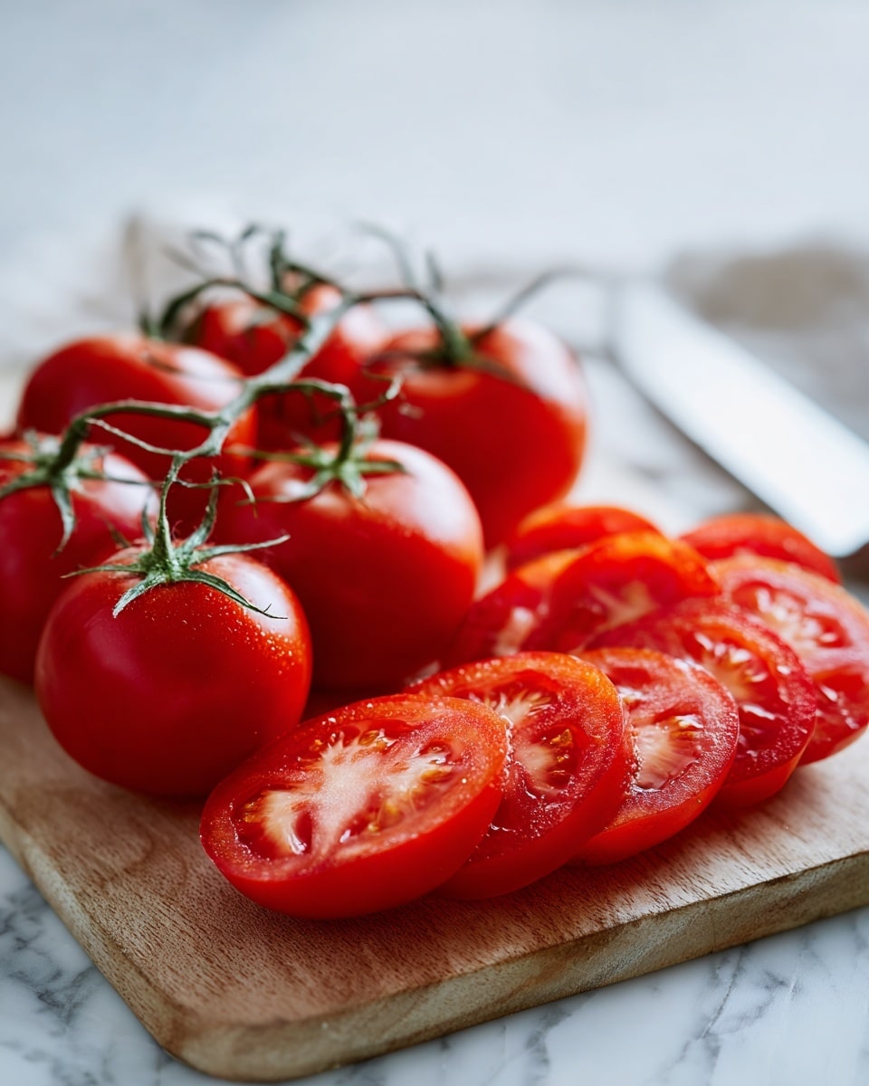The image shows a cluster of whole red tomatoes on the vine placed on a wooden cutting board with several slices of juicy red tomatoes arranged loosely beside them. The sliced tomatoes are layered in an overlapping manner, revealing their soft, seeded interiors and moist texture reflecting light. A white-handled knife lies in the background to the right, partially blurred. The scene is softly lit with a natural look, and the background is a white marbled surface. Photo taken with an iphone --ar 4:5 --v 7