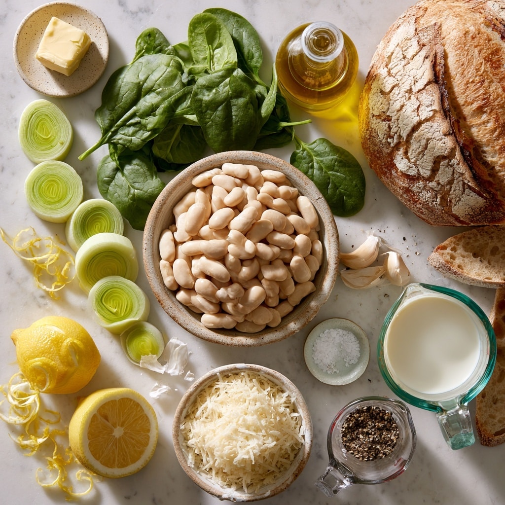 The dish shows a white plate with two main parts: on the left side, there is one thick, grilled slice of bread with clear brown grill marks and a crispy crust; on the right side, there is a creamy mix of white beans, pieces of green spinach leaves, and shredded light yellow cheese spread in a slightly messy pile. On top of this mix is a small yellow lemon wedge placed near the upper edge of the plate. The plate sits on a white marbled surface. Photo taken with an iphone --ar 4:5 --v 7