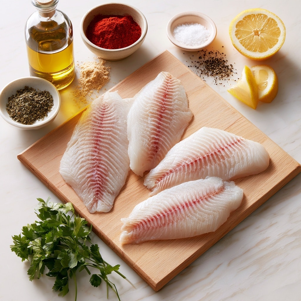 This image shows four steps of preparing fish fillets with a spice rub. The top left shows two raw fish fillets on a white plate, with one plate below them holding two fillets covered in red seasoning powder, and a small white dish of the same powder next to them, all set on a white marbled surface. The top right image has the two seasoned fillets placed in a black pan with oil, ready to cook. The bottom left shows the fillets well cooked, golden brown and crispy on the edges, still in the pan. The bottom right is a close-up of the cooked fillets with visible texture from the spice rub, garnished with small green herb pieces in the black pan, held by a spatula. Photo taken with an iphone --ar 4:5 --v 7