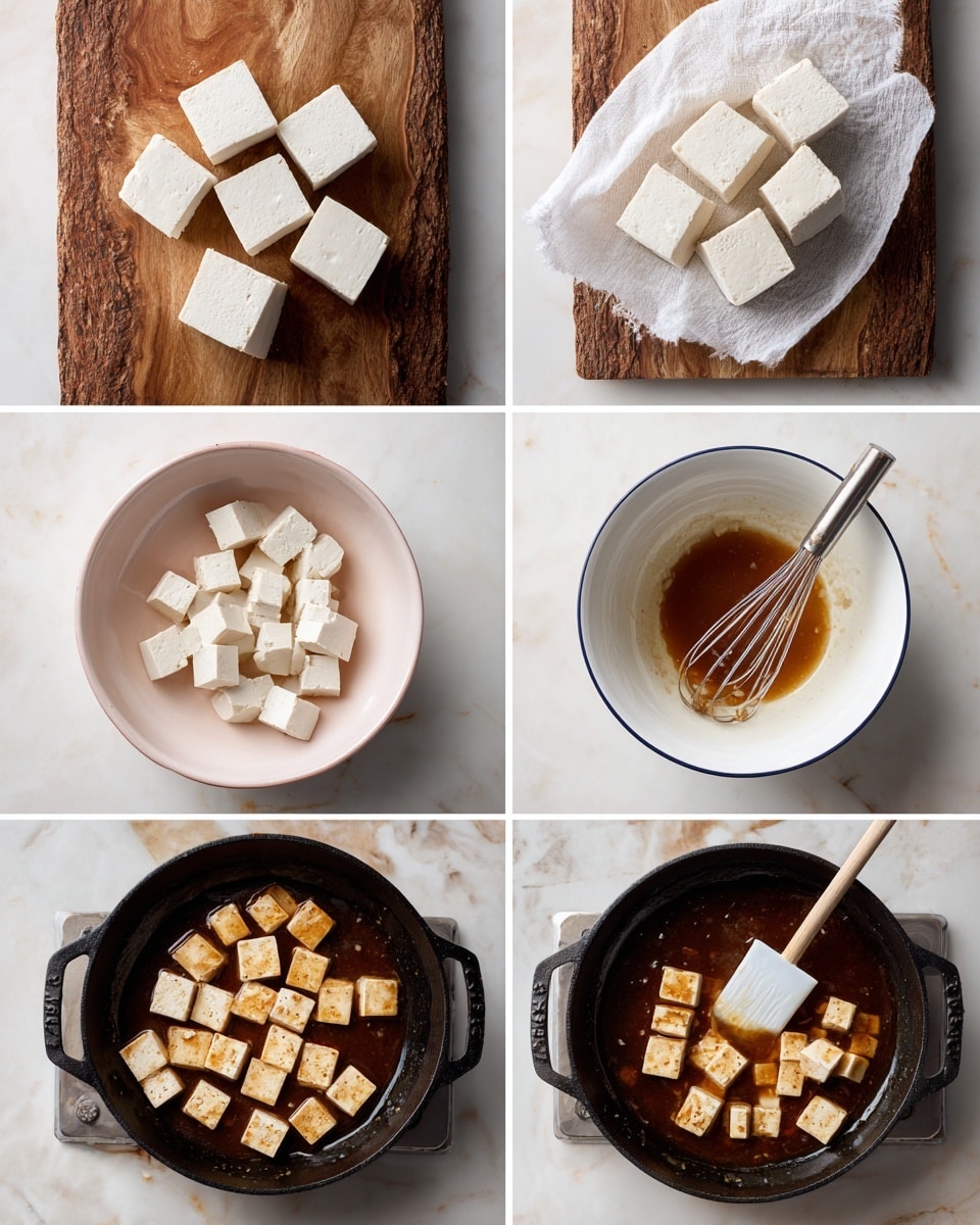 The image shows six steps of preparing tofu, arranged in a 2 by 3 grid. Top left shows four white tofu blocks on a wooden board with a rough texture. Top right shows the blocks partly covered with a white cloth on the same wooden board. Middle left shows the tofu cut into small cubes inside a white bowl with a pink tint, placed on a white marbled surface. Middle right shows a white bowl with a blue rim containing a brown sauce with some visible small pieces, and a whisk lying next to it on the white marbled surface. Bottom left shows the cubed tofu in a black cast iron pan with brown sauce poured on top, the cubes are pale with the sauce starting to soak in. Bottom right shows the tofu cubes now golden brown and stirred in the pan with a white spatula, the tofu appears cooked and coated with the sauce. Photo taken with an iphone --ar 4:5 --v 7