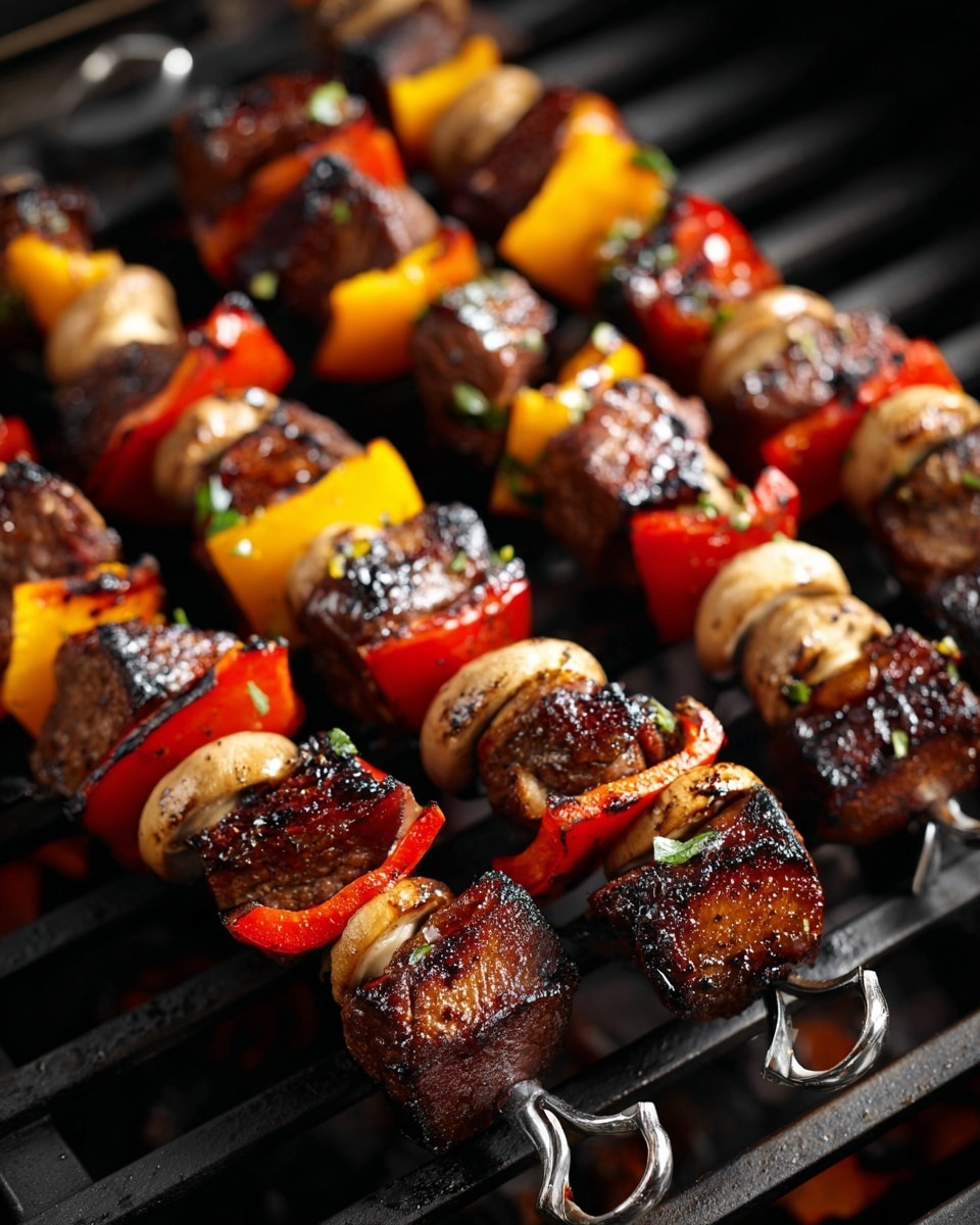 Several skewers of grilled kebabs rest on a black metal grill with visible grates. Each skewer has four main layers repeated: dark brown grilled pieces of meat with slightly charred edges, light brown mushrooms, bright yellow bell pepper slices, and red bell pepper slices. The skewers' metal handles shine silver with round decorative ends. The colors stand out against the dark grill background. The image focuses closely on the food with a slight blur in the background. Photo taken with an iphone --ar 4:5 --v 7