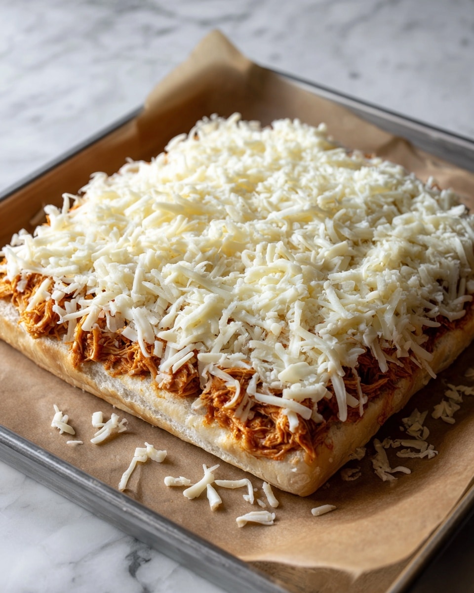 This image shows a square bread base with two thick layers on top. The first layer is shredded orange chicken spread evenly over the bread, with its fibrous texture visible. The second layer is a thick, even pile of shredded white cheese covering the chicken almost completely. The stack sits on brown parchment paper placed on a metal baking tray. The background is a white marbled texture. Photo taken with an iphone --ar 4:5 --v 7