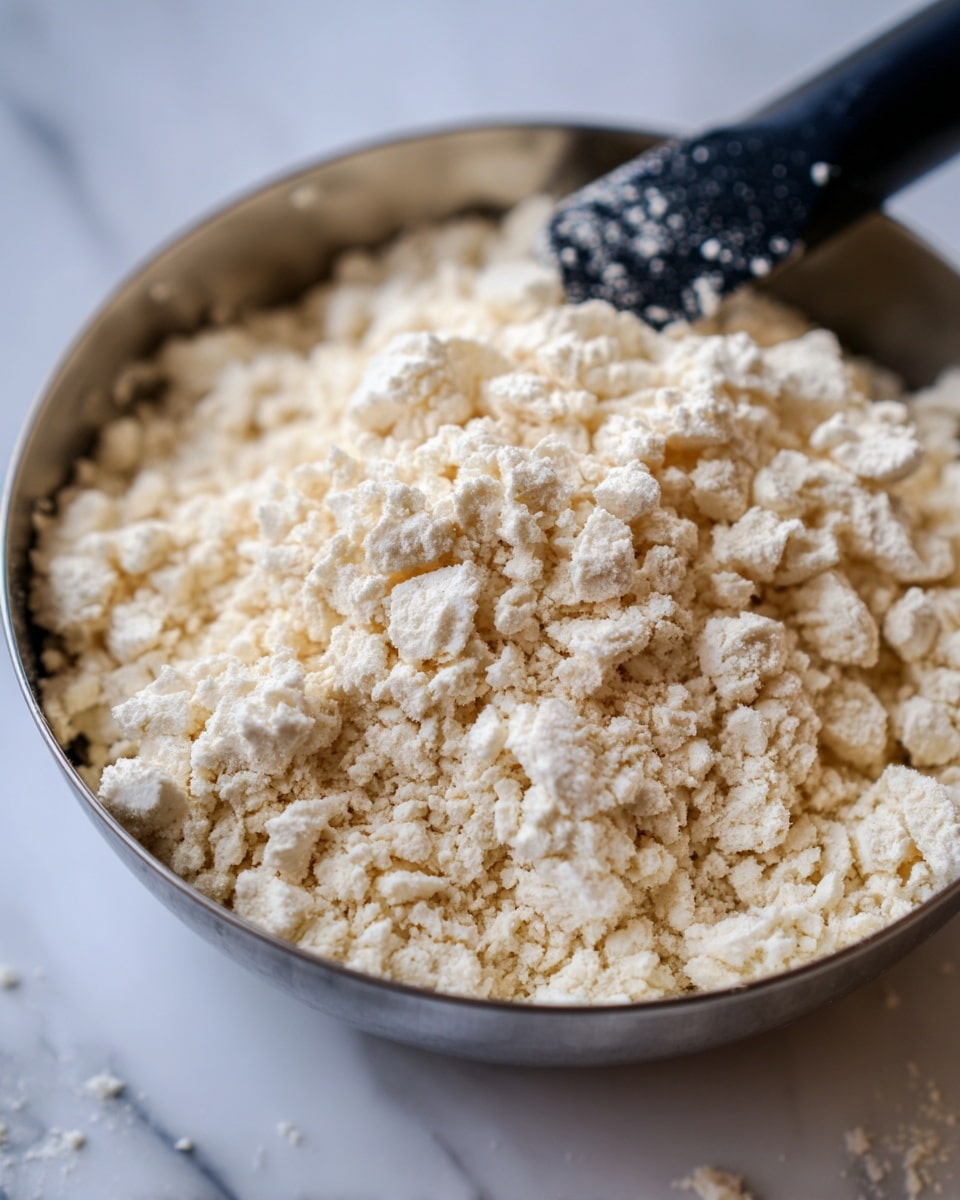 This close-up image shows a full metal bowl filled with small, uneven white crumb-like pieces that have a rough texture. The pieces look soft and slightly moist, with a uniform off-white color throughout. In the background, part of a black mixing tool is visible, partially buried in the crumbs. The scene is set on a white marbled surface. Photo taken with an iphone --ar 4:5 --v 7