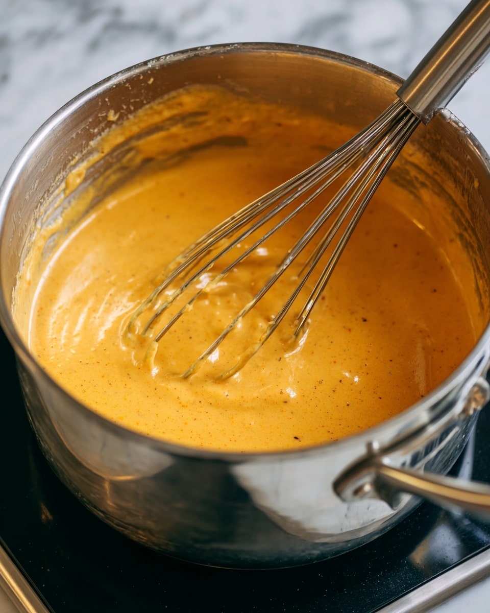 A shiny silver pot sits on a black stovetop with a thick, smooth orange sauce inside. A metal whisk is mixing the sauce, showing its creamy texture and slight sheen. The pot's inside walls have some sauce splashes near the top edge. The background surface is a white marbled texture. photo taken with an iphone --ar 4:5 --v 7