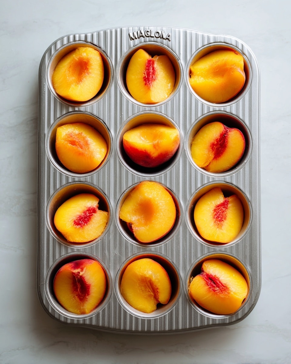 The image shows a metal muffin tray with nine cups, each filled with two or three slices of bright orange-yellow peach. The peaches have a soft, smooth texture and some are slightly shiny. The muffin tray has a ribbed pattern on its surface and the word