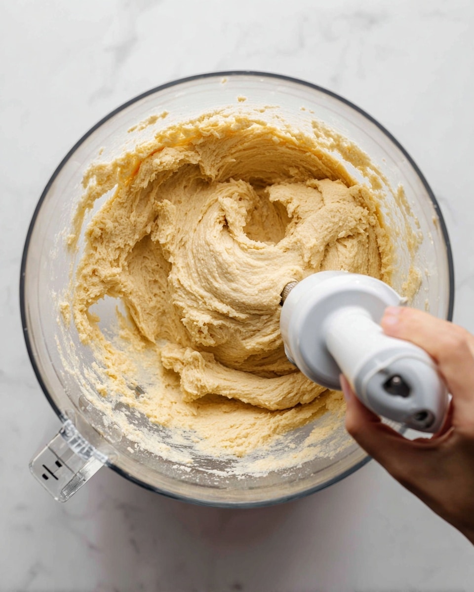 A clear glass bowl filled with light tan dough being mixed by a white paddle attachment from a stand mixer, the dough looks soft and smooth with thick, creamy texture, slightly folded around the paddle in the center of the bowl, set on a white marbled surface, the mixing bowl partially shows measurement marks on the side, a woman's hand is slightly visible holding the bowl. photo taken with an iphone --ar 4:5 --v 7