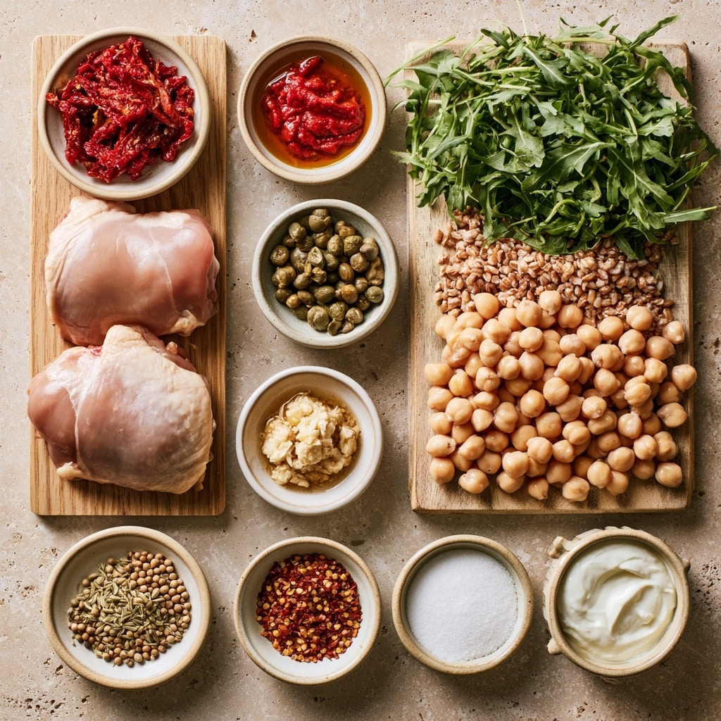 Raw chicken pieces are spread on a sheet of crinkled silver aluminum foil, inside a metal baking tray. The chicken has a shiny, reddish-brown marinade with visible herbs and small dark green capers. Around and on top of the chicken are many creamy-beige chickpeas and small bits of sun-dried tomato adding texture and color contrast. The scene is lit softly, highlighting the glistening surface of the marinated chicken and scattered chickpeas. The background shows a white marbled texture. photo taken with an iphone --ar 4:5 --v 7