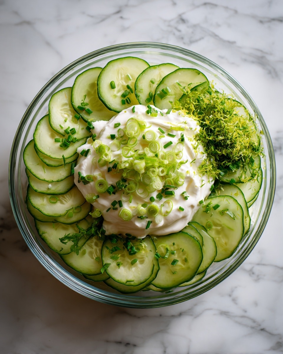 A clear glass bowl is filled with thin slices of green cucumber layered at the bottom and sides, topped with a scoop of white creamy sauce in the center. On top of the sauce, there are light green chopped spring onions scattered evenly. Around the edges of the bowl, bright green chopped fresh herbs are sprinkled, adding texture. A small pile of finely grated lime zest sits next to the spring onions on the right side of the bowl. The bowl rests on a white marbled surface. photo taken with an iphone --ar 4:5 --v 7