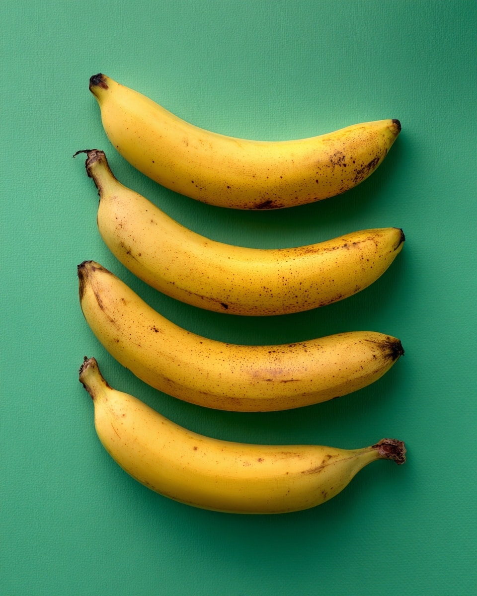 Three ripe bananas laying in a vertical line on a green background. Each banana is yellow with a few brown spots and soft texture visible. They are spaced evenly from top to bottom, with the curved sides facing right. The green background is smooth and solid in color. photo taken with an iphone --ar 4:5 --v 7