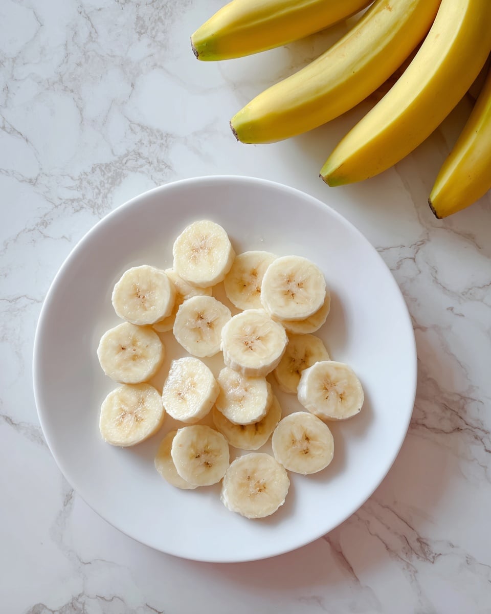 A white plate filled with thin, round banana slices spread evenly on its surface. Each slice is pale yellow with a soft texture and small brown dots in the center. To the right, a bunch of whole yellow bananas rests on a white marbled surface. photo taken with an iphone --ar 4:5 --v 7