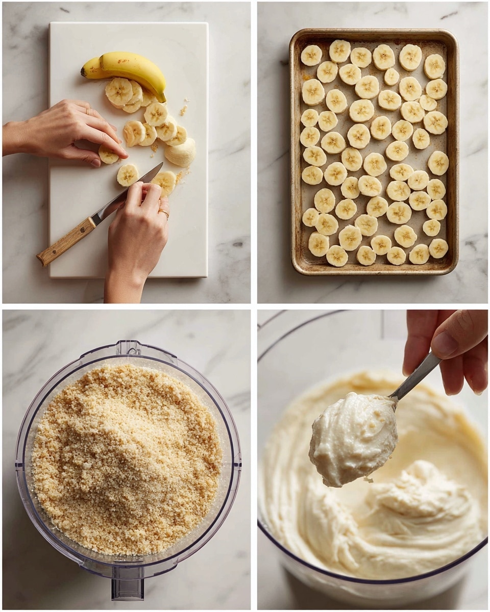 The image shows four steps of making a banana recipe on a white marbled surface. The first section shows a woman's hand slicing a yellow banana into round pieces on a white cutting board. The second section has a baking tray filled with many banana slices laid flat in a single layer. The third section displays a close-up of a food processor bowl filled with crushed, light beige crumbs with a grainy texture. The fourth section has a woman's hand holding a spoon scooping thick, creamy white mixture from the same food processor bowl. Photo taken with an iphone --ar 4:5 --v 7