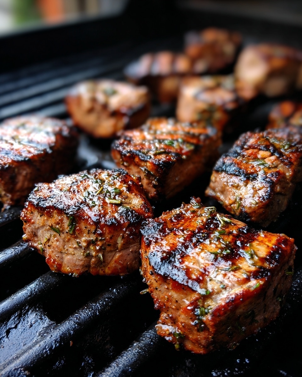 Nine pieces of grilled meat with brown and black grill marks are placed on a black grill grate. The meat pieces are uneven in shape and have a slightly charred texture with some herbs visible on the surface. The background is not clearly seen but the focus is on the grilled meat. photo taken with an iphone --ar 4:5 --v 7
