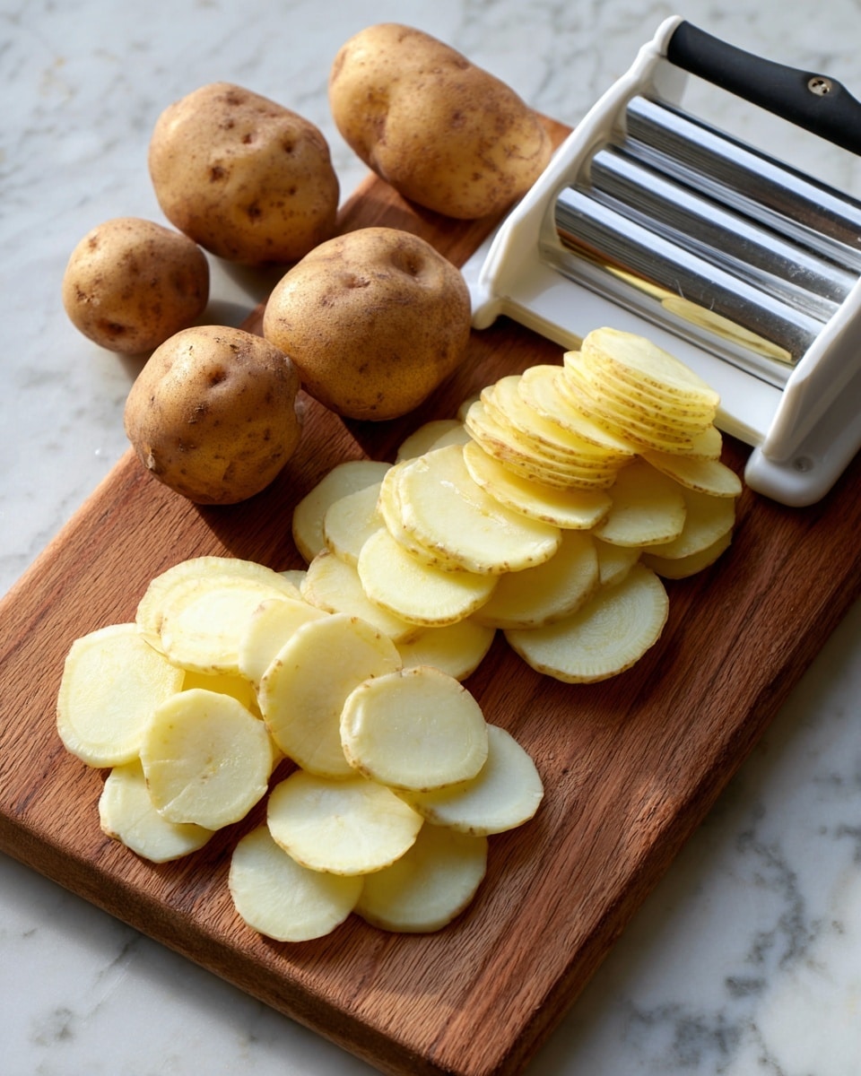 A wooden cutting board placed on a white marbled surface holds several whole brown-skinned potatoes on the left side. In the center, thin round slices of potato with light cream flesh and yellowish edges are neatly stacked and spread out in a small pile. On the top right corner of the board, a white mandoline slicer with a black handle is positioned, showing the blade area. The scene is lit naturally, highlighting the textures of the potato skin and the grain of the wooden board. photo taken with an iphone --ar 4:5 --v 7