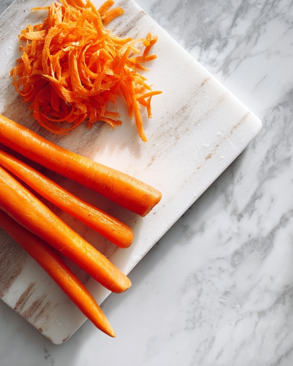 The image shows a white square cutting board on a white marbled surface. On the cutting board, there are four peeled bright orange carrots placed horizontally and diagonally, with a pile of thin carrot peels at the top edge of the board. The carrots have a smooth texture and appear fresh. Photo taken with an iphone --ar 4:5 --v 7