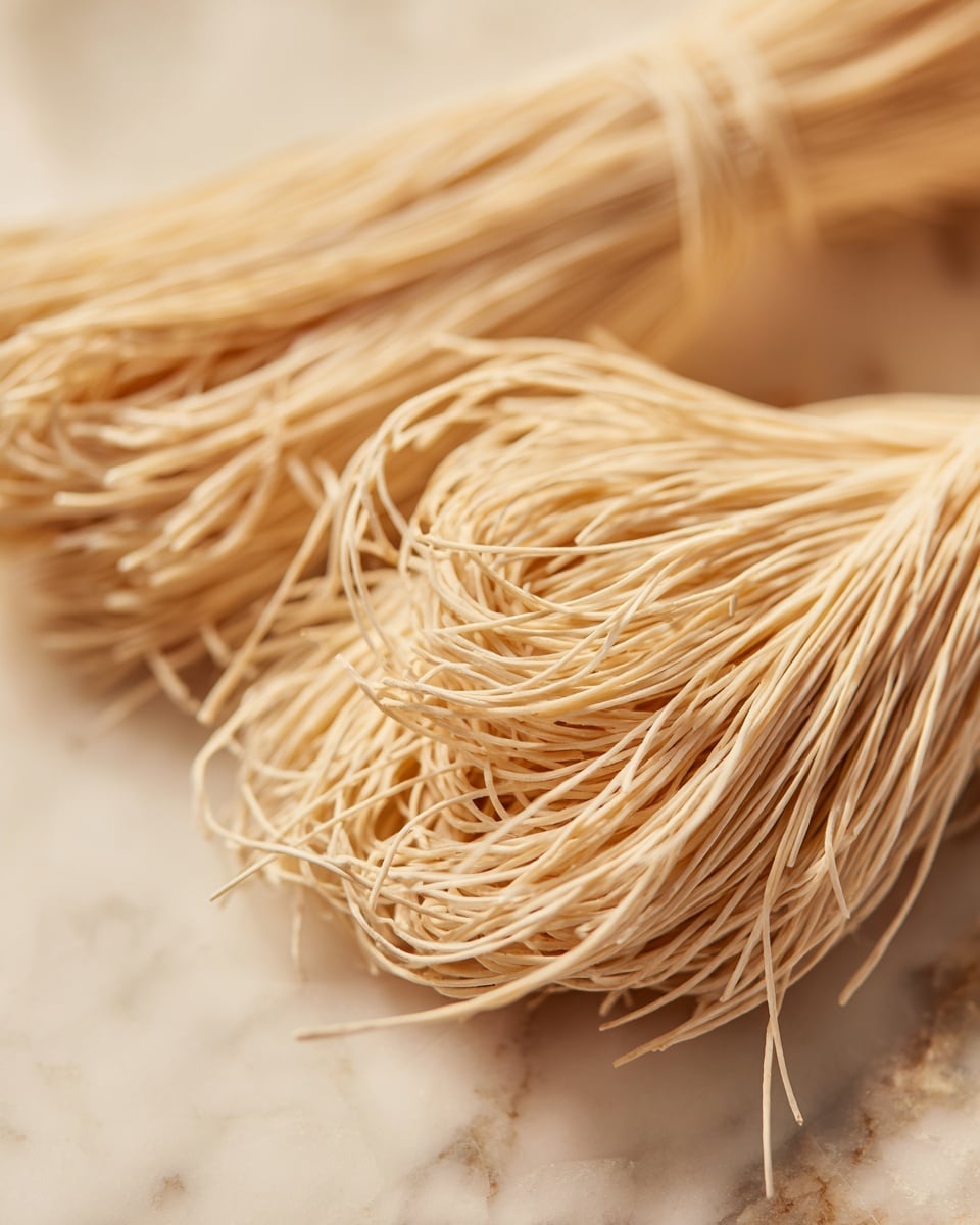 The image shows thin, beige uncooked noodles arranged loosely in two bundles on a white marbled surface. The noodles are long, delicate, and slightly translucent with some strands spread out naturally. The focus is close-up, highlighting the fine texture and light reflections on the noodles, while the background remains softly blurred. photo taken with an iphone --ar 4:5 --v 7