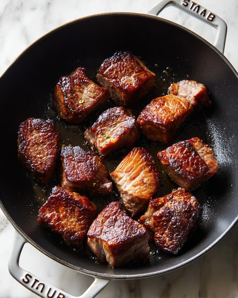 A black pot filled with eight pieces of browned cooked meat arranged in a scattered pattern. The meat pieces have a deep brown color with a slightly crispy texture on the outside, showing some grill marks and caramelized edges. The inside of one piece shows a lighter, cooked pinkish-brown color. The pot handle is white with the word
