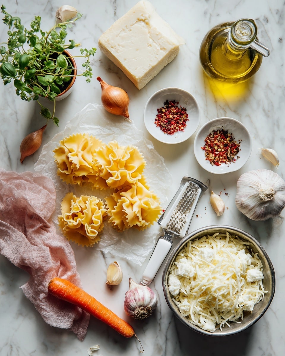 The image shows ingredients spread on a white marbled surface. On the left side, there is a small green basil plant, two small shallots with their skins, an orange carrot with a long curled peel beside it, and several pieces of uncooked wavy lasagna pasta stacked together. Towards the center, there is a white vegetable peeler, partially resting on a pink cloth. Near the top right side, there are two small white bowls—one filled with red pepper flakes and the other with coarse salt—beside a clear glass bottle filled with olive oil. A large block of parmesan cheese, a metal bowl filled with white ricotta cheese, and another white bowl containing shredded cheese sit in the top and bottom right corners. Several garlic cloves and some loose garlic skin are scattered near the center right. photo taken with an iphone --ar 4:5 --v 7