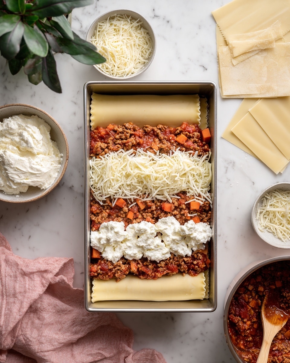 A metal loaf pan sits on a white marbled surface, filled with layers of food. The bottom layer consists of wide, pale yellow pasta sheets, followed by a thick layer of red meat sauce with visible chunks of carrots and ground meat. On top, there is a scattered layer of shredded white cheese and dollops of soft white cheese placed evenly. Nearby, a white bowl of soft cheese with a spoon rests to the left, and a pink cloth lies untouched beneath a small white bowl with some shredded cheese. To the right, a pot contains more red meat sauce with a wooden spoon resting inside, and a metal bowl holds more uncooked pasta sheets. A green plant with dark leaves is in the top left corner. photo taken with an iphone --ar 4:5 --v 7