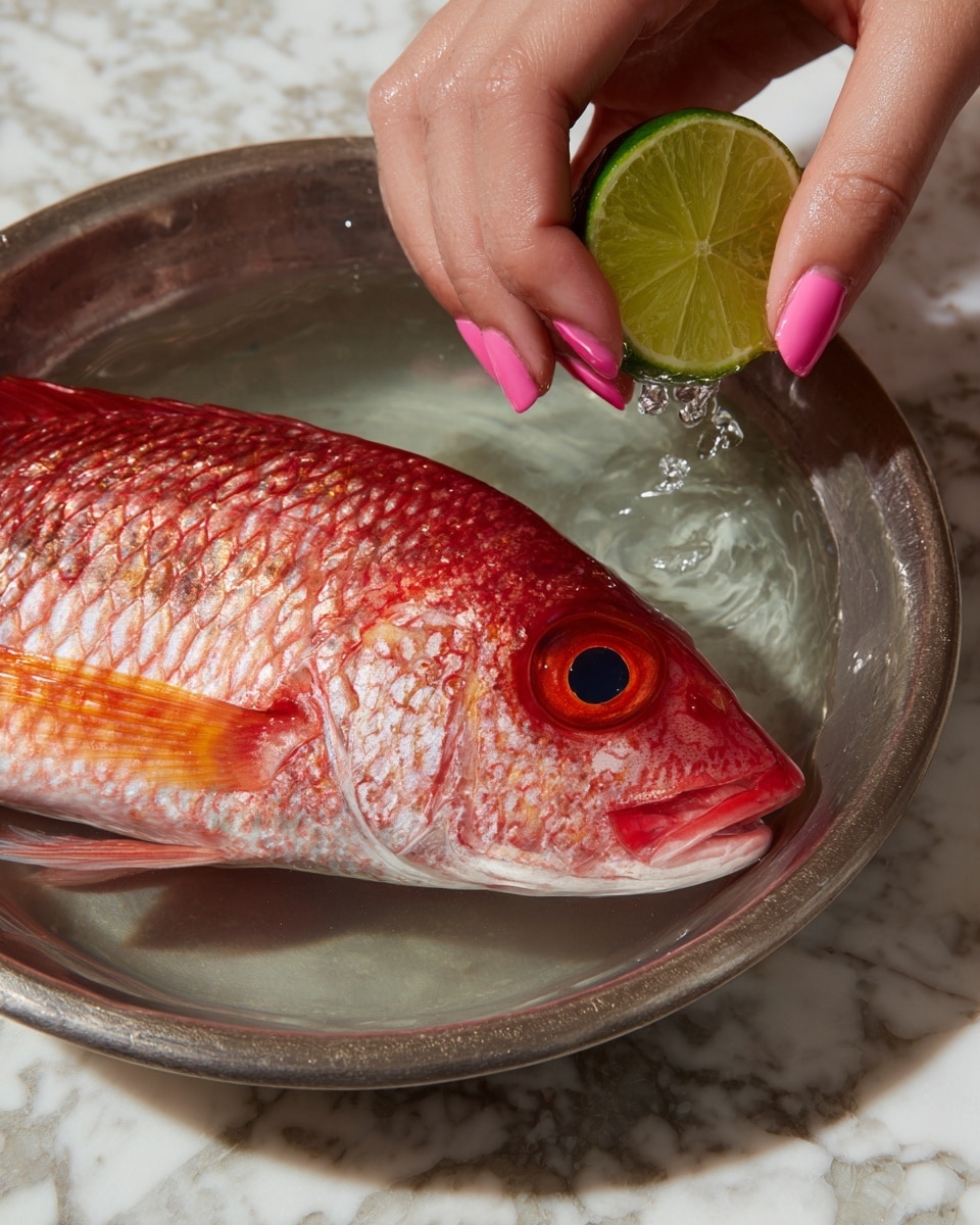 A whole small red fish with visible scales and a bright red eye lies in a round metal bowl filled with clear water, resting on a white marbled surface. Above the bowl, a woman's hand with pink nail polish is squeezing a green lime wedge, with drops of juice falling toward the fish and water. Another woman's hand, also with pink nails, gently holds the fish by its side. Photo taken with an iphone --ar 4:5 --v 7