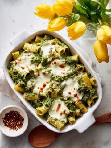 Pesto Pasta Bake with Roasted Cherry Tomatoes and Fresh Mozzarella Recipe