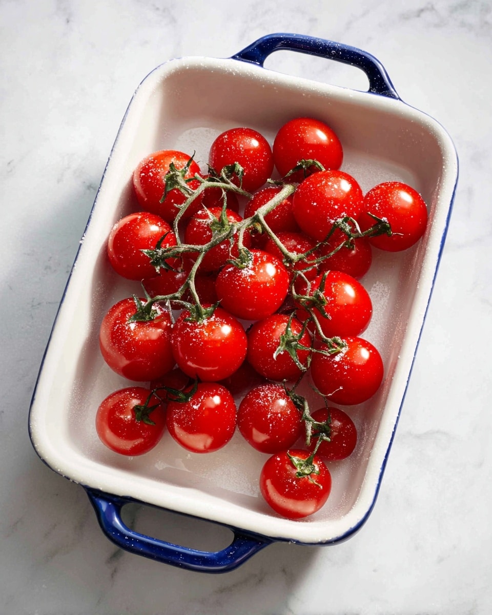 The image shows a white ceramic baking dish with blue handles sitting on a white marbled surface. Inside the dish, there are clusters of bright red cherry tomatoes still attached to their green stems. The tomatoes have a shiny, smooth texture, and some are dusted lightly with salt. Sunlight streams into the dish from the top left, creating bright highlights and soft shadows on the tomatoes and the dish. photo taken with an iphone --ar 4:5 --v 7