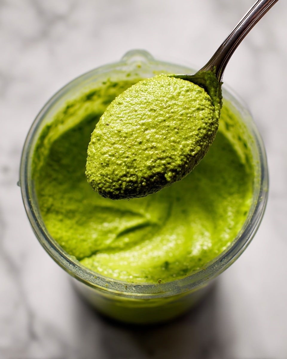 A clear blender container is filled with a thick, bright green sauce with a textured surface. A spoon holds a scoop of this green sauce above the container, showing its dense and slightly grainy texture. The scene is lit by natural light, casting soft shadows and highlights on the sauce and spoon, all set against a white marbled surface photo taken with an iphone --ar 4:5 --v 7