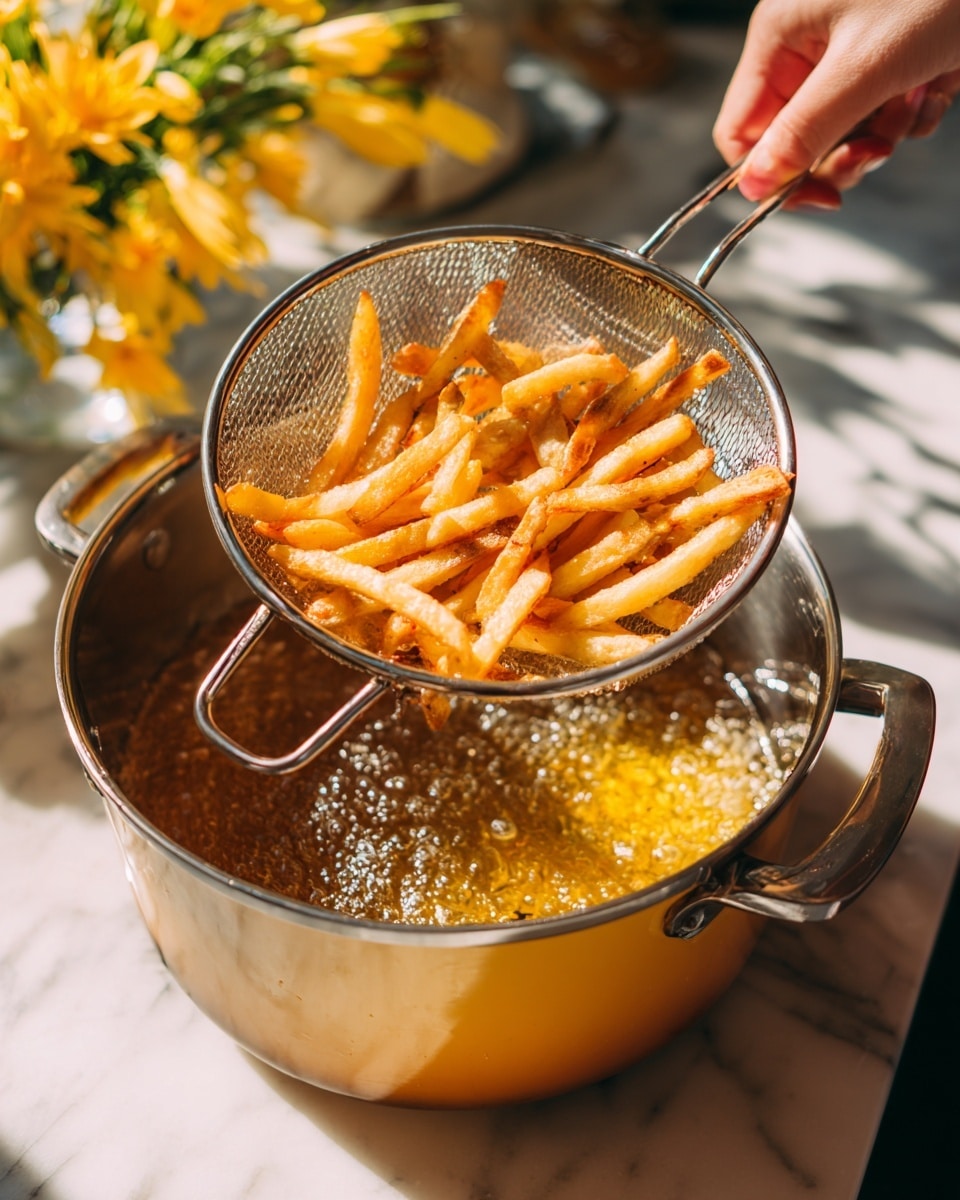 A clear glass bowl is filled with long, light beige strips of peeled root vegetables, some with bits of light brown skin. Water is running from a shiny silver faucet into the bowl, soaking the strips. A woman's right hand holds the bowl on the side while a woman's left hand steadies it from underneath. The bowl rests above a silver metal grid, all set on a white marbled surface with a neutral-toned backsplash in the background. photo taken with an iphone --ar 4:5 --v 7