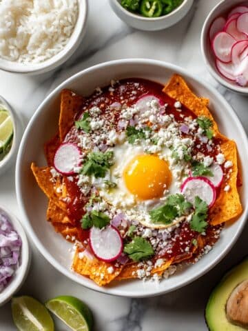 Creamy Guajillo Chilaquiles with Fried Eggs and Fresh Toppings Recipe