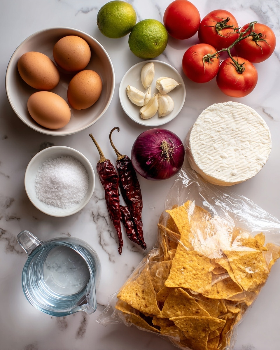 The image shows ingredients laid out on a white marbled surface. There are three brown eggs in a small white bowl at the top left, next to a white bowl filled with coarse salt, and a few peeled garlic cloves in another white bowl. Nearby are two whole limes, a halved white onion, a whole red onion, and two dried red chilies. A clear glass measuring cup with water is at the bottom left. On the top right, there are five fresh red tomatoes and a disc of white cheese wrapped in paper. On the bottom right, an open bag of golden tortilla chips rests with the label visible. photo taken with an iphone --ar 4:5 --v 7