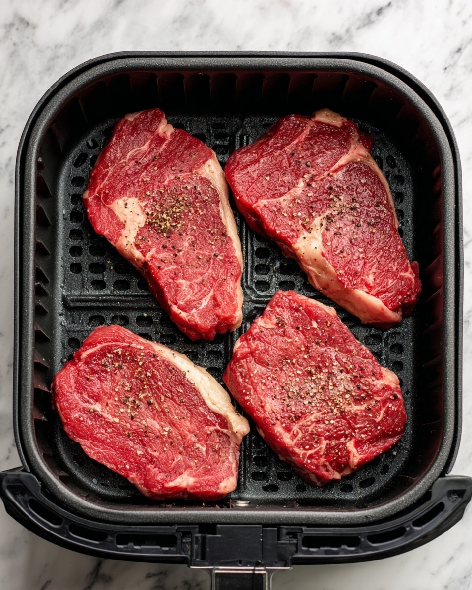 Four raw red steaks with visible fat marbling and coarse black pepper are placed inside a black air fryer basket. The steaks are arranged with two at the top and two at the bottom, and the air fryer basket has a grid-like texture. The background is a white marbled surface. Photo taken with an iphone --ar 4:5 --v 7