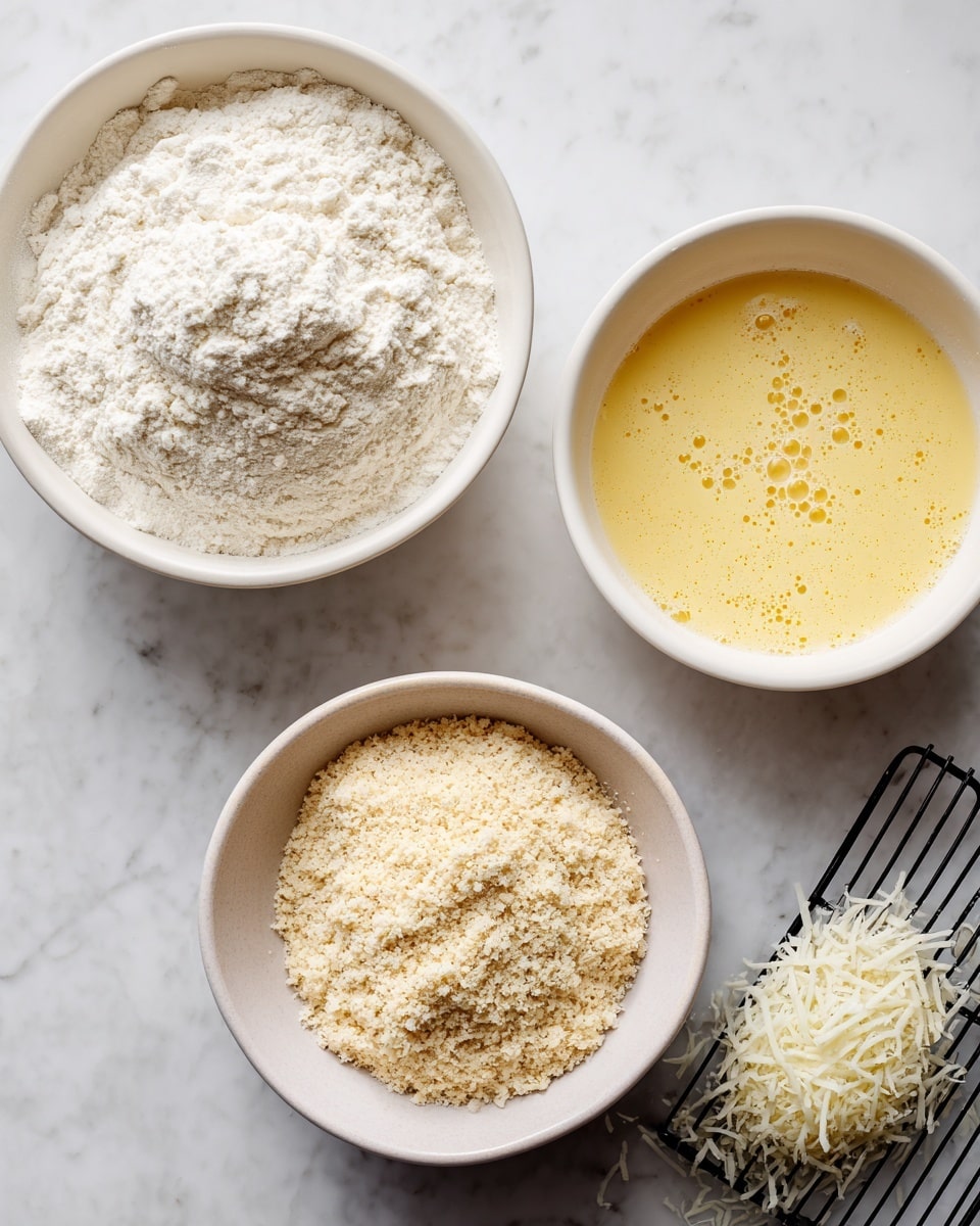 Three white bowls are placed on a white marbled surface. The bowl at the top left contains a heap of white flour with a soft, powdery texture. The bowl at the top right has light yellow beaten eggs with small bubbles on the surface. The bowl at the bottom contains three different breading ingredients arranged side by side: a pale beige breadcrumb mix with specks of herbs, a coarser light tan breadcrumb, and a small pile of finely grated white cheese. A dark wire cooling rack is partly visible at the bottom right corner. photo taken with an iphone --ar 4:5 --v 7